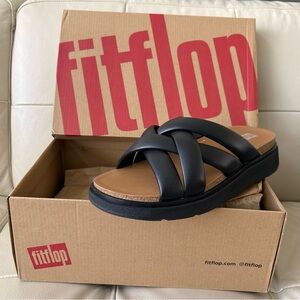 Fitflop Black Padded Crisscross Slide with Tan Footbed